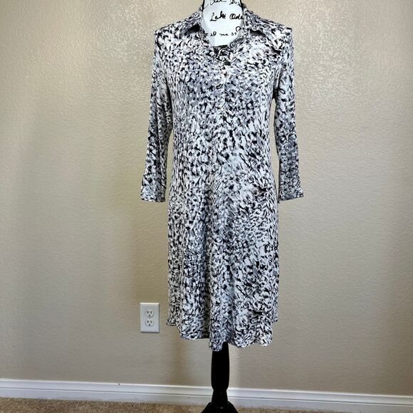 CAbi 822 Black White Grey Print Jersey Stretch Dress collar 3/4 sleeves party S - Picture 7 of 13